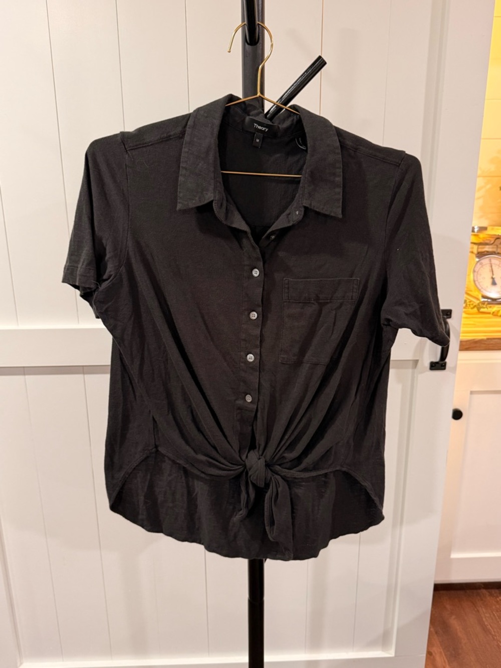 Theory Black Button-Front Tie Hem Shirt